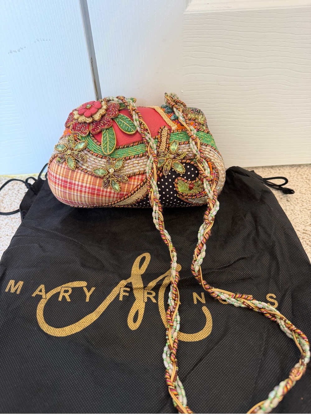 MARY FRANCES Beaded 3D Floral Polka Dot Gingham Shoulder Bag Mixed Media